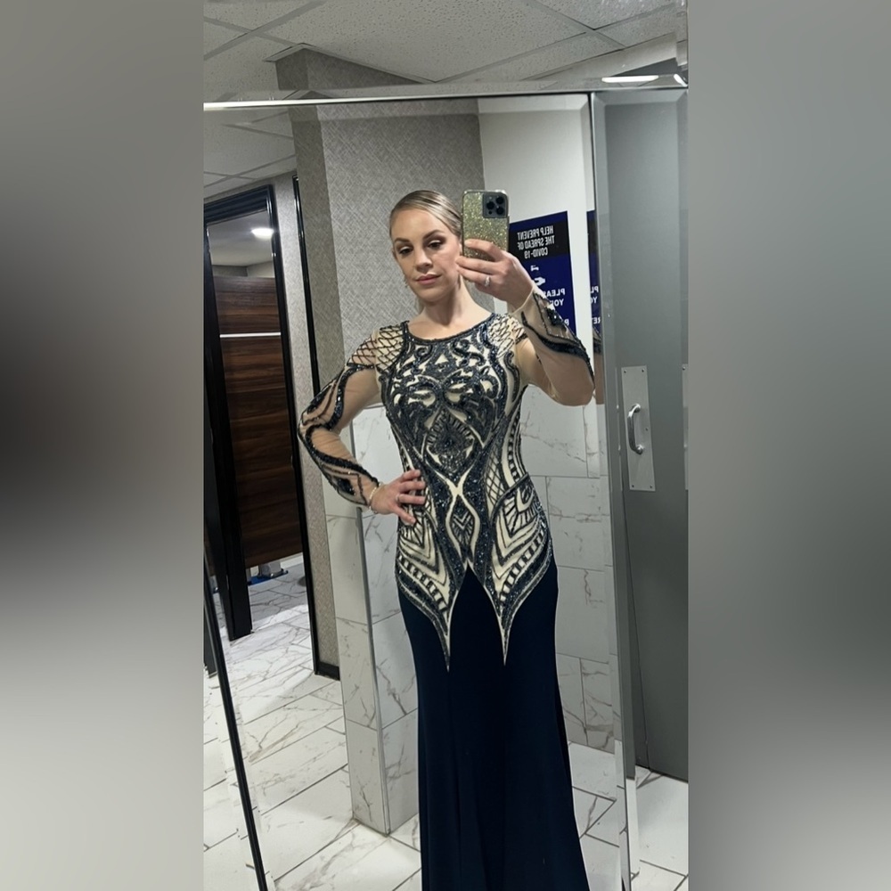 Elegant Atria Couture Navy Blue and Cream Evening Gown - Picture 13 of 14
